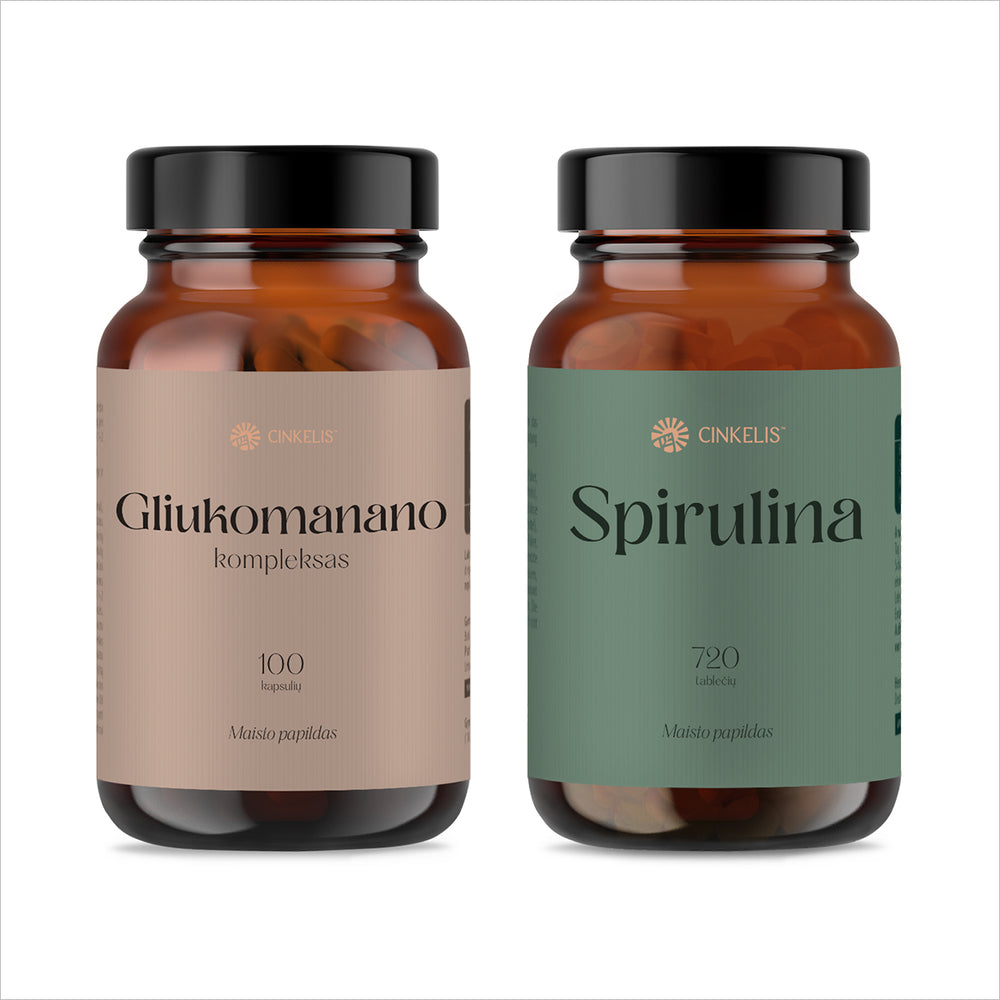 2 žingsnių svorio balanso palaikymo sistema: Gliukomanano kompleksas + Spirulina
