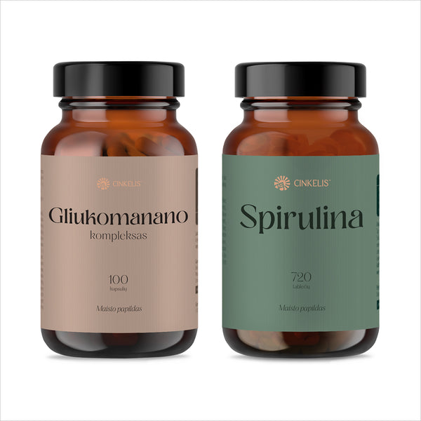 2 žingsnių svorio balanso palaikymo sistema: Gliukomanano kompleksas + Spirulina