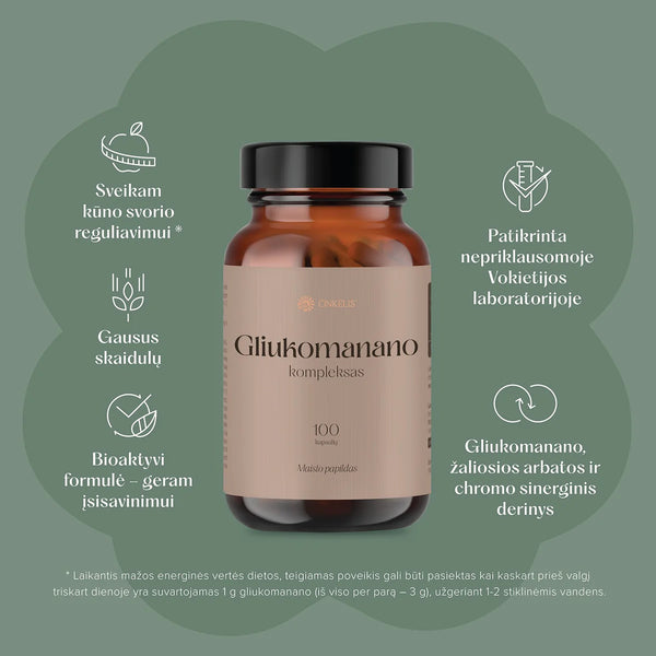 2 žingsnių svorio balanso palaikymo sistema: Gliukomanano kompleksas + Spirulina